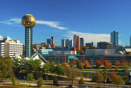 Knoxville skyline with the Sunsphere and the World's Fair park in the foreground.